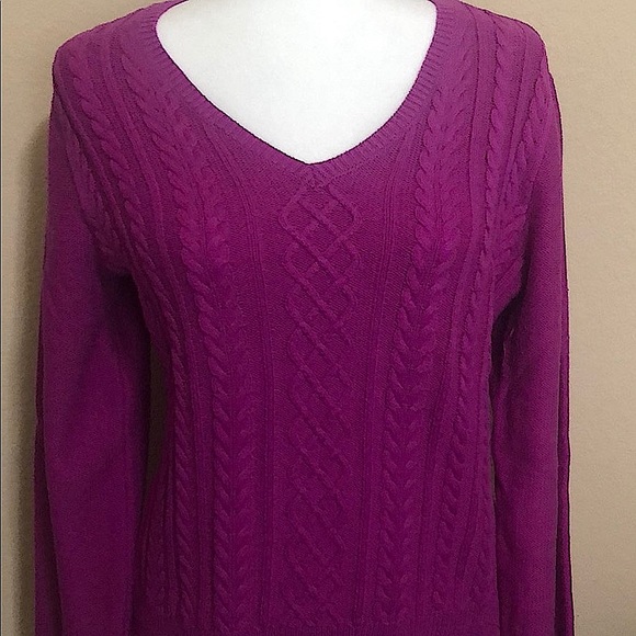 Womens Pink Chaps Vneck Cable Knit 